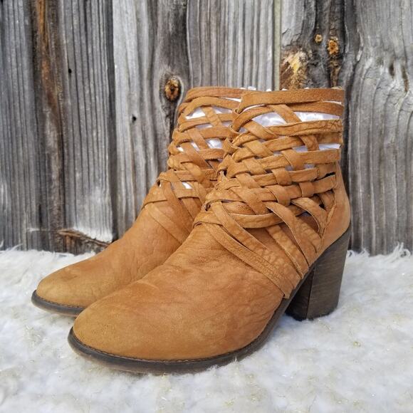 Strappy Western Bootie Free People Carerra Size EU 41 US 11 Tan Leather Woven - Picture 3 of 16